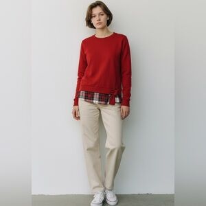 Izod Red Sweatshirt with Side Tie and Plaid Flannel Trim Women’s Large-Y2K